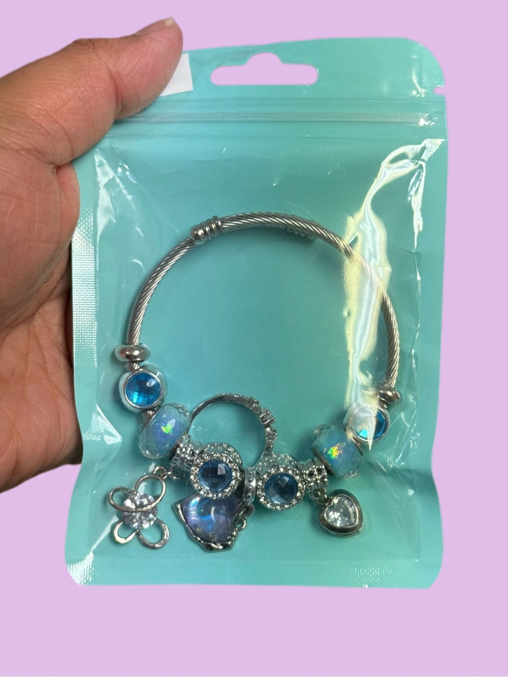 Silver Bracelet with Blue Crystal Charms and Ring Set